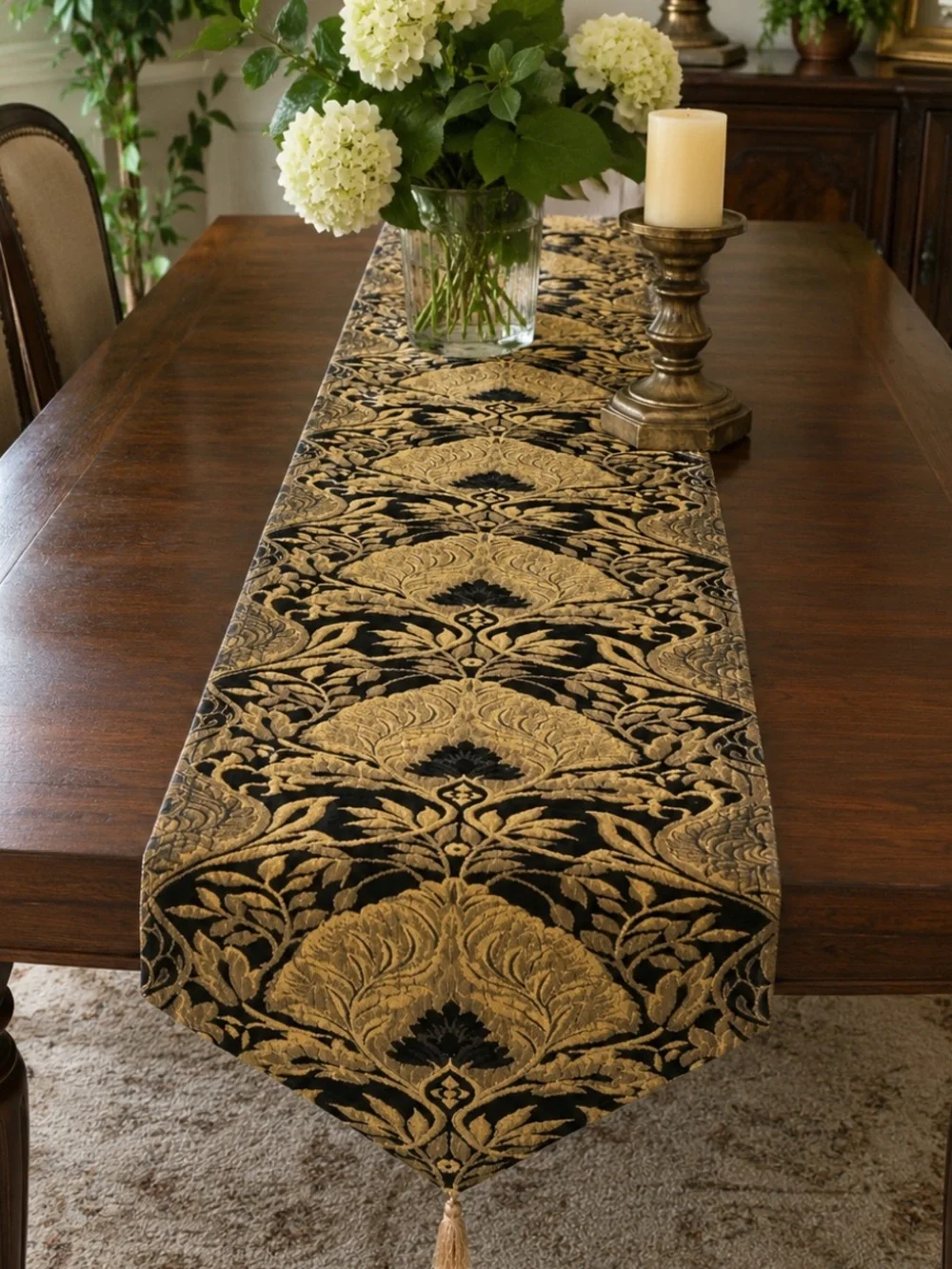 Elegant Black and Gold Damask Table Runner - Classic Home Dining